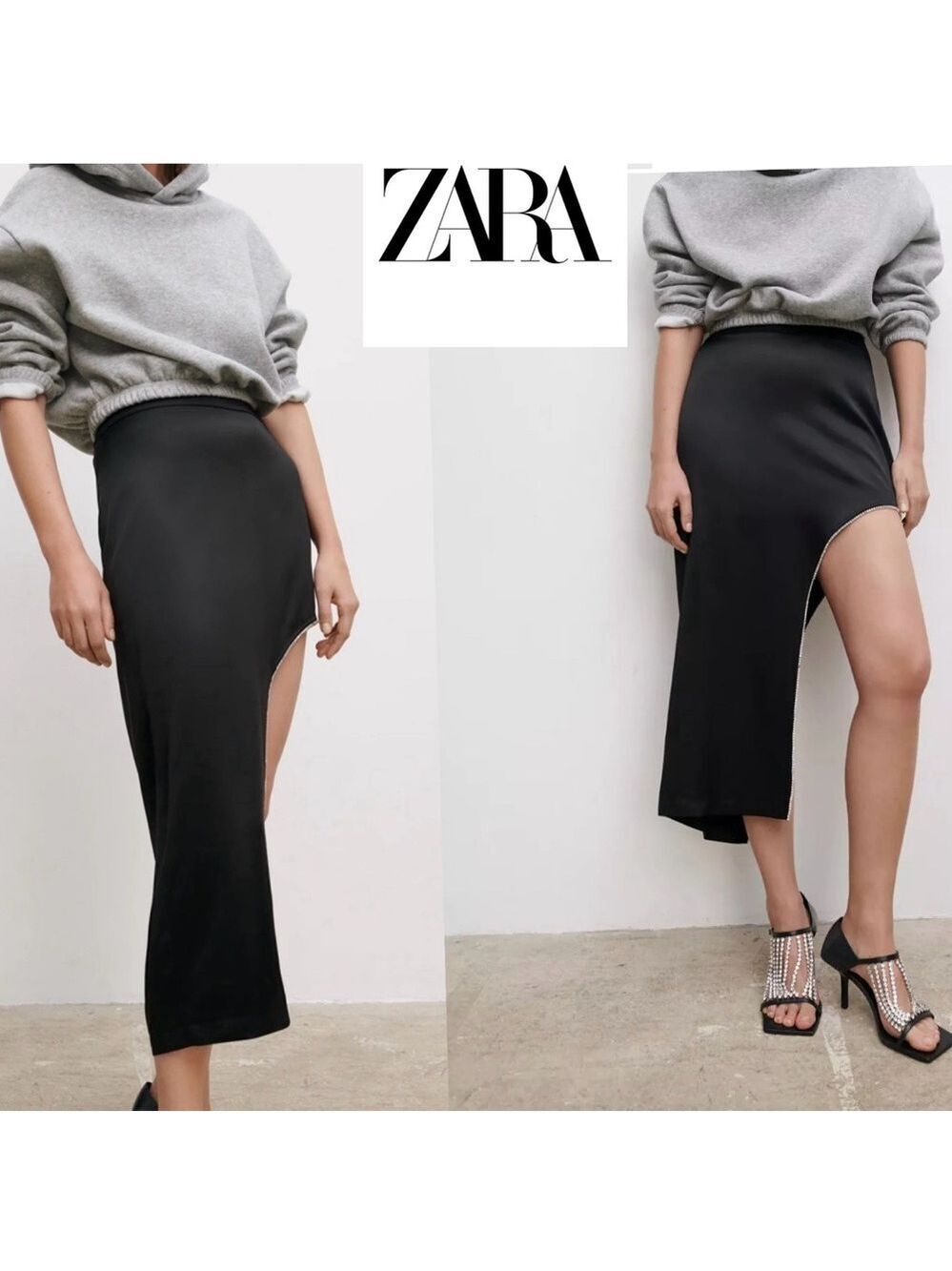 Zara black satin rhinestone trim asymmetrical midi skirt cocktail party formal M